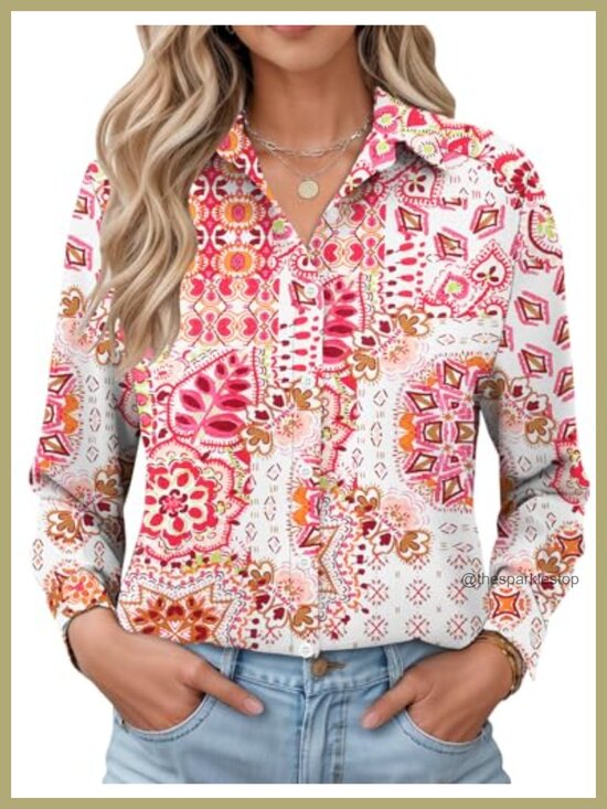 Tops - Women's Button Down Shirt Long Sleeve Cotton Casual Loose Fit Collared Blouse